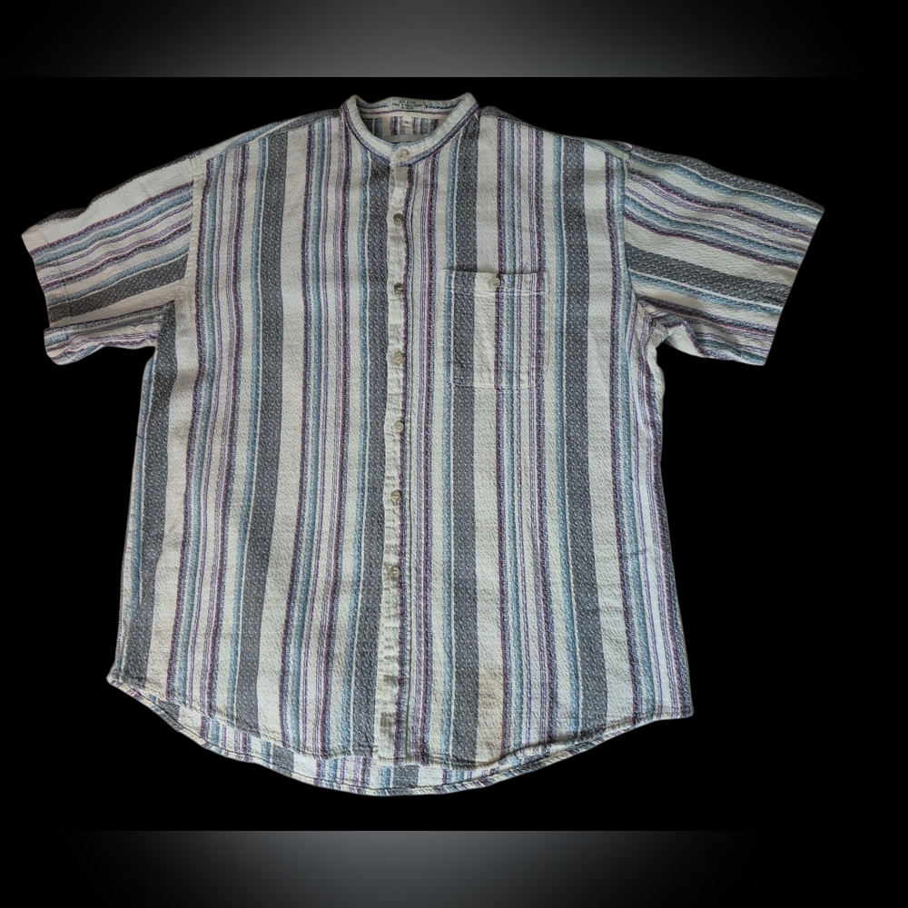 Vintage Campus XL Multi-Stripe Textured Knit Short Sleeve Button-Up Shirt  Sz XL